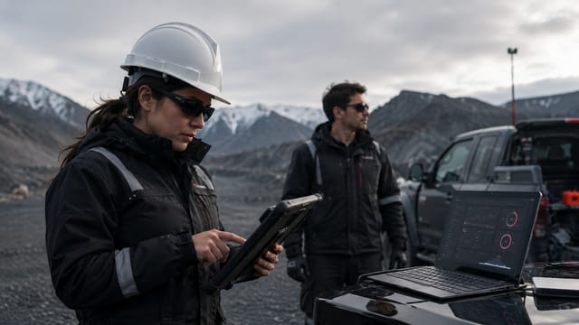 Una ingeniera con casco registra datos en una tableta resistente en plena faena, con un computador mostrando indicadores sobre la batea de una camioneta y la cordillera detrás.